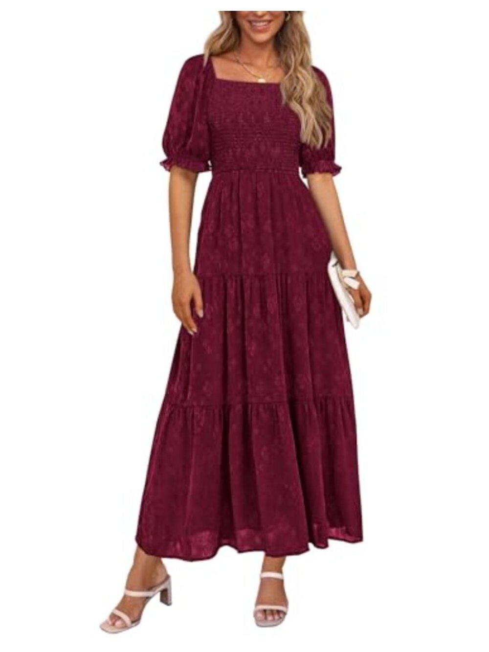 Floral Midi Dress Square Neck Smocked A Line Short Sleeve Tiered Boho Summer